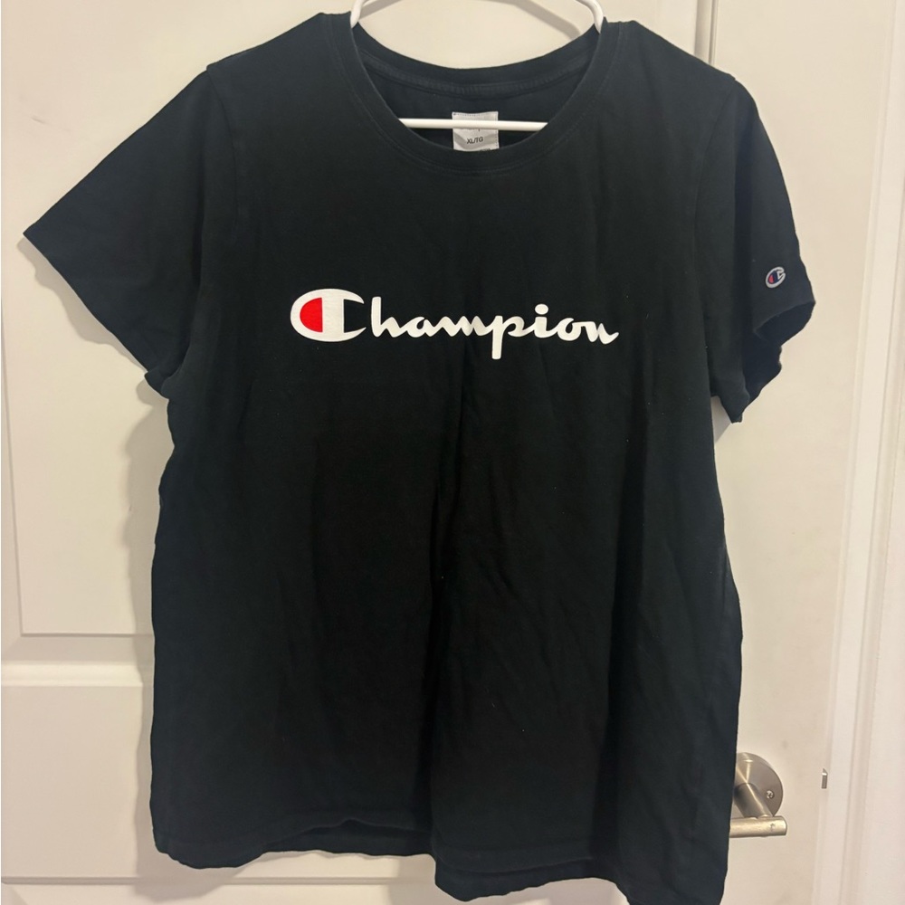 Champion Black Tee with Red & White Logo